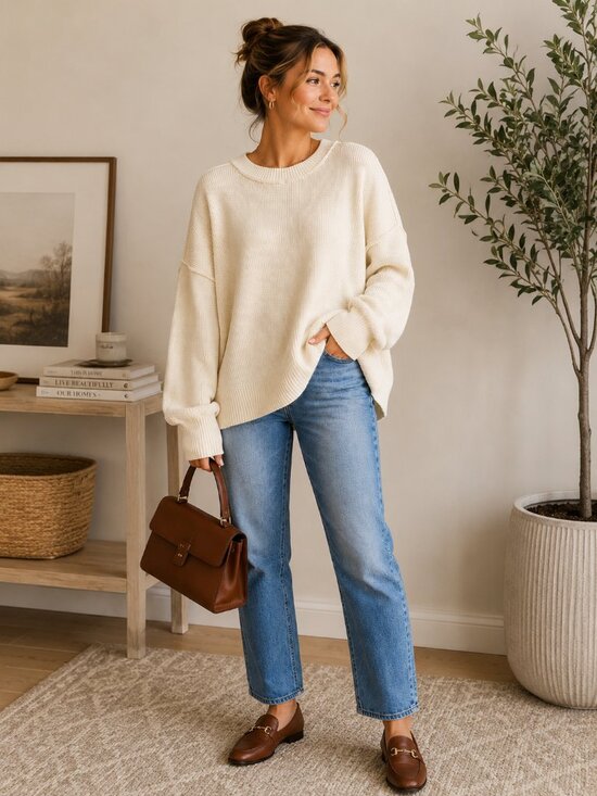 Free People Sweaters - Free People Ivory Oversized Ribbed Knit Sweater M Relaxed Fit